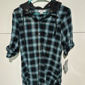 NWT Y2K Vintage Self Esteem Shirt Medium Button Up Hoodie 2 Piece Set Plaid Blue